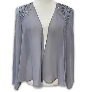 SLNY Blue Gray Sequin Shoulder Open Front Waist Jacket Sheer Formal Night Out 10